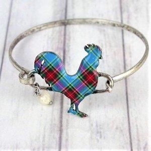 Bracelet. Chicken Rooster. Blue & Red Plaid Pattern. Freshwater Pearl. NWT.